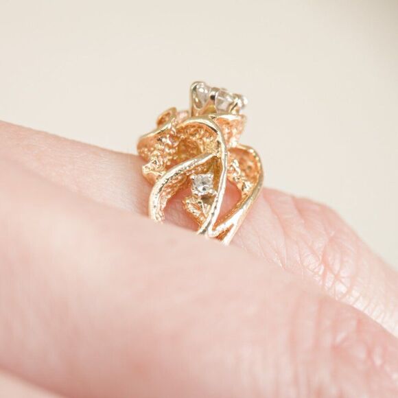 Vintage 14K Gold Brutalist Diamond Ring | Custom Artisan Cast | 0.43ctw | Size 7 - Picture 15 of 16